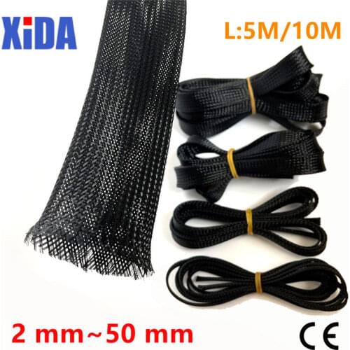 5/10M Black Insulated Braid Sleeving 2/4/6/8/10/12/15/20/25mm Tight PET Wire Cable Protection Expandable Cable Sleeve Wire Gland