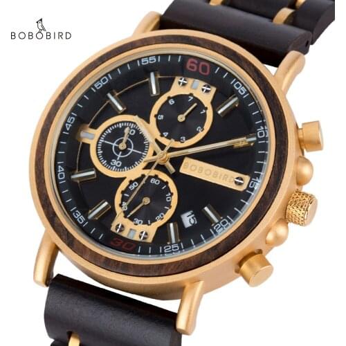 Mens Watches Dual Display Wood Chronograph Quartz Wristwatch Week Date Calendar Timepiece Innovative Ebony Clock Watch BOBOBIRD