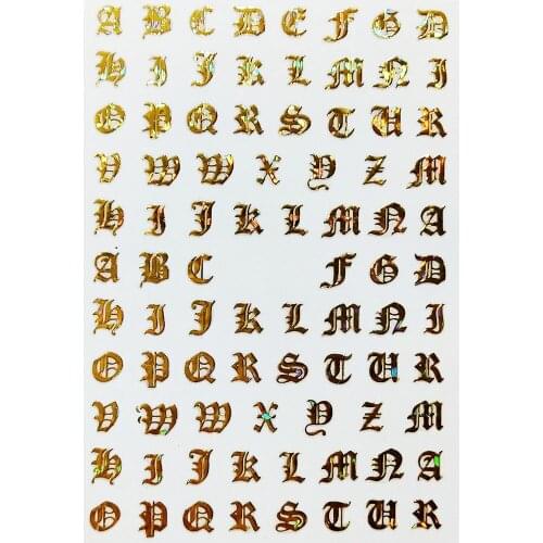 5 Sheets/Set Holographic Rose Gold Silver Laser Retro English Letter 3D Nail Art Sticker Black Text Tag Nail Adhesive Decals TY5