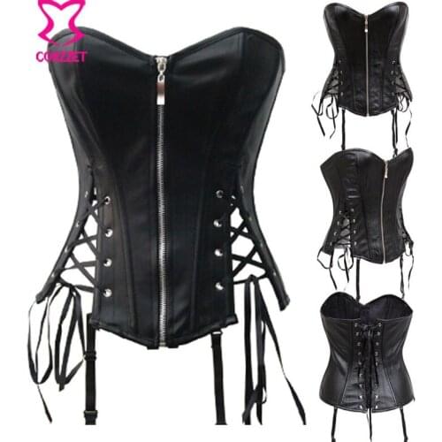 Strapless Lace-Up Overbust Zipper Faux Leather Split Lace Up Corset Sexy Women Corsets and Bustiers Body Shaper Gothic Clothing