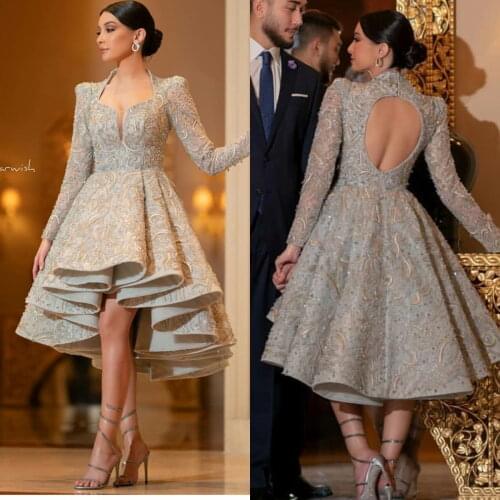 New Evening Dresses V Neck Long Sleeves Lace BeadsProm Gowns Custom Made Hollow Back Tea-Length A Line Special Occasion Dress