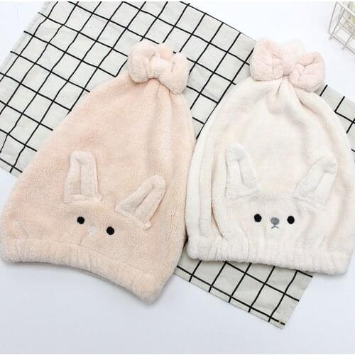 Cute Cartoon Rabbit Ears Dry Hair Hat Female Absorbent Quick-Drying Wiping Hair Towel Bathroom Coral Velvet Shower Cap