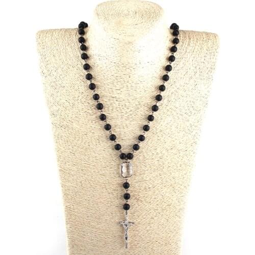 Fashion Bohemian Jewelry Matt Black Stone Rosary Chain White Crystal Link Cross Pendant Necklace For Women Ethnic Necklace