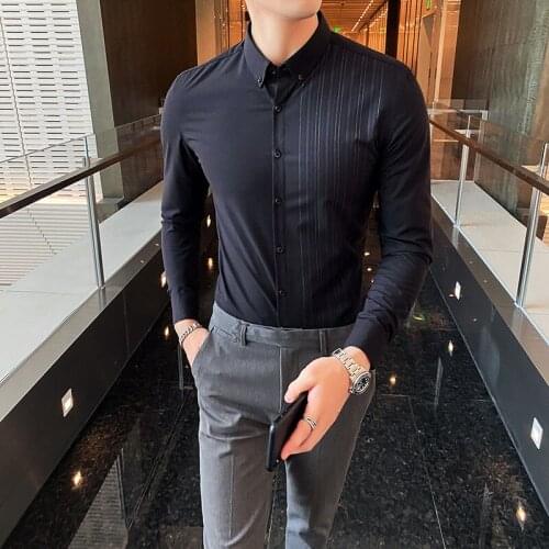 Mens Fashion Non-iron Stretch Soft Casual Striped Shirts Pocket-less Design Long Sleeve Standard-fit Youthful Button-down Shirt