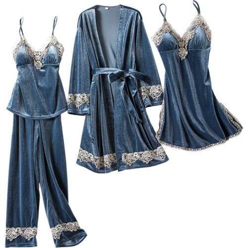 New Velvet 4 Pieces Warm Winter Women Pajamas Sets Sexy Lace Robe Pajamas Sleepwear Kit Sleeveless Nightwear Female Home Suit
