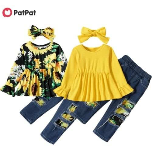 PatPat New Arrival Spring and Summer 2-piece Baby Toddler Sunflower Top and Denim Pants Sets Childrens Clothing