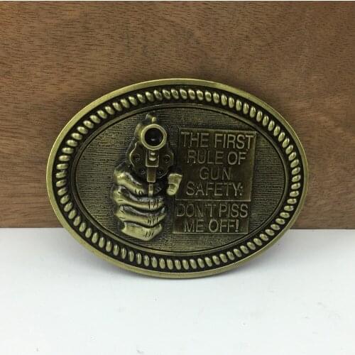 BuckleClub wholesale retro the first rule of safety gun belt buckle FP-03525-1 antique brass FINISH for men 4cm width loop