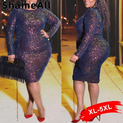 Plus Size Party Club Long Sleeve Shiny Dresses 4XL Sexy Bandage Bodycon Luxury Sequin French Dress Vestido Midi Elegante Women