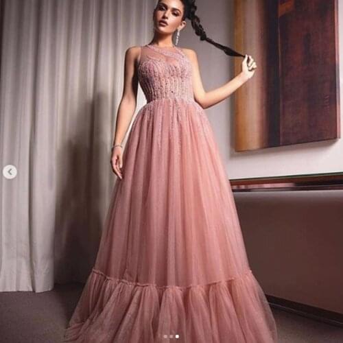 Pink prom dresses 2021 sheer crew neckline a line tulle long evening dresses beading party dress