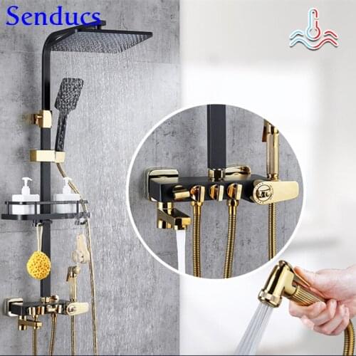 Senducs Bathroom Shower Set Quality Brass Bathtub Faucet Spa Raifall Hand Shower Head Luxury Black Gold Thermostatic Shower Set