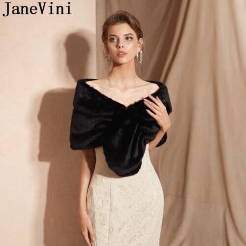 JaneVini Sexy Bridesmaid Bridal Shawl Winter Wedding Fur Coat Jacket Black Faux Fur Wrap Cape Shoulder Cover Ladies Bolero Etole