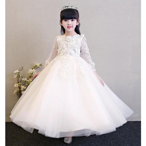 Ivory Chiffon Flower Girl Dress Kids Wedding Formal Wedding Party Lace Sleeve Pageant Long Dress Girl First Communion Ball Gown