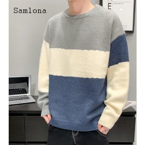 Samlona New Patchwork Sweater Round Neck Loose Knitwear Men Casual Pullovers 2021 Autumn Winter Knitted Sweater Kpop Man Clothes