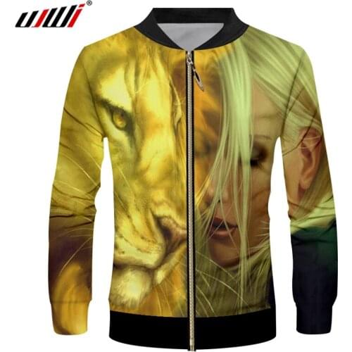 UJWI Man Zip Jacket Hot Loose Slim Coat 3D Print Lion And Silver Hair Beauty Hiphop Oversized Costume For Men Tops Wholesale