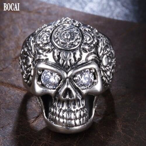 BOCAI Vintage Real S925 pure silver jewelry single personality male ring punk skull domineering diamond mens ring