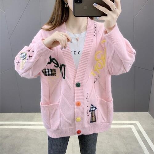 2020 Embroidery Sweaters Red Thick Women Cardigan Warm Knitted Jacket Pocket Fashion Knit Coat Lady Loose Cute Streetwear