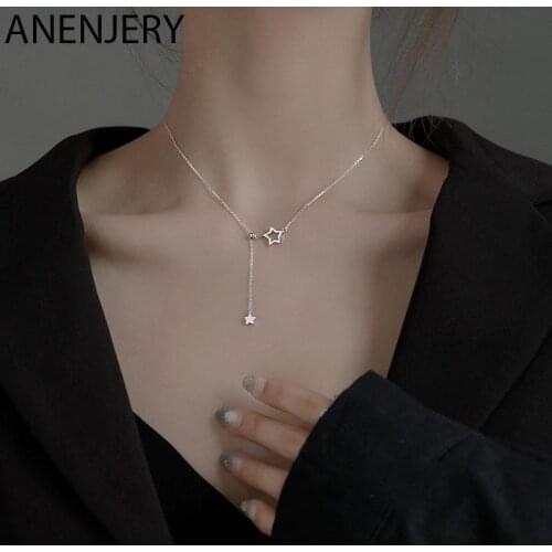 ANENJERY 925 Sterling Silver Hollow Star Necklace for Women Temperament Tassel Clavicle Chain Korean Hot Selling Jewelry