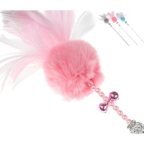 Usd1.65/pc pet cat kitten playing toys cat teaser fishing pole rods sticks pink blue grey with bell feather ball 20pca/lor