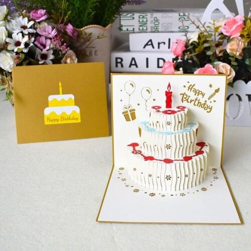 3D Happy Birthday Greeting Cards Cake Postcards Invitations with Envelope for Kids Wife Husband Gifts