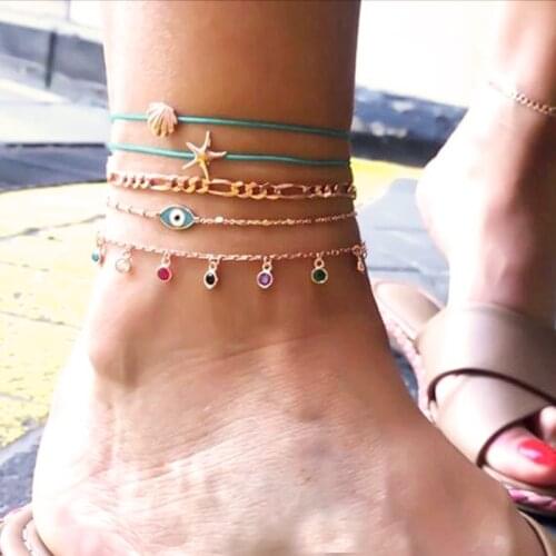 Boho Glod Shell Bead Ankle Bracelet Turkey Evil Eye Colorful Crystal 5PCS Alloy Vintage Footwear Leg Bracelet Women Foot Jewelry