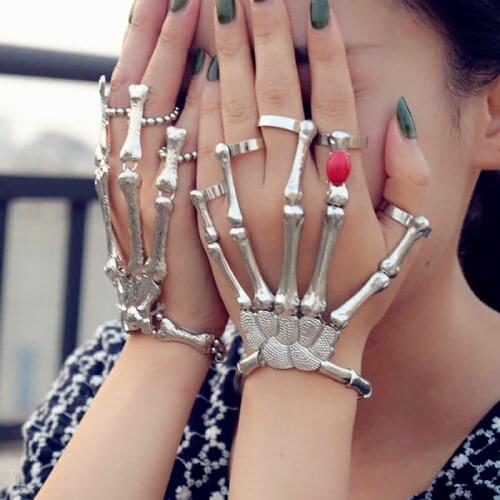 One Piece Halloween Bracelet Gothic Punk Hand Skull Skeleton Red Stone On Hand Adjustable Bracelet Bangles Femme Party Accessory