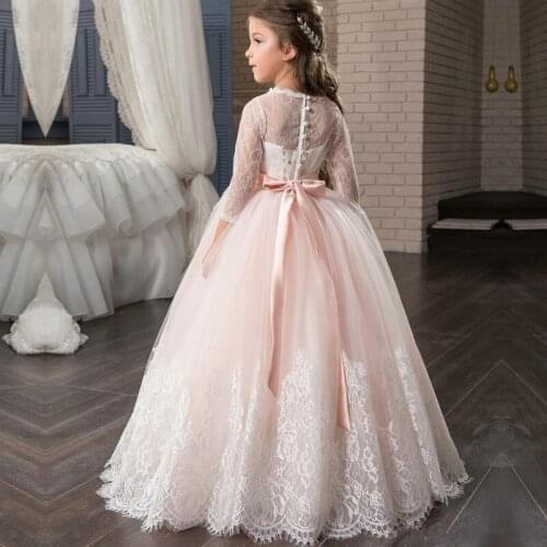 Kids Flower Girl Dresses For Wedding Holy First Communion Dresses Lace 3/4 Sleeve Beaded Puffy Prom Pageant Dress For Girls