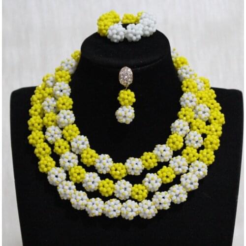 Dudo African Party Jewelry Set Yellow and White Bead Balls Nigerian Traditional Beads Bracelet Earrings and Necklace Set 2019