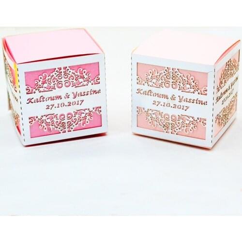 Cube shaped combined wedding boxes gift for guests laser cut luxury wedding candy box 50 pcs