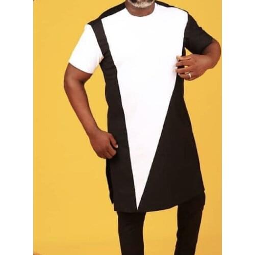 2020 African Fashion Men O-neck Tops+Trousers Dashiki Mens African Suits Patchwork Black/white Short Sleeve Shirt And Long Pant