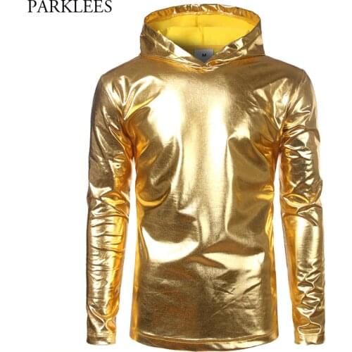 Mens Hipster Shiny Gold Coated Metallic Hoodie T Shirt 2018 Fashion Slim Fit Night Club T-shirt Hip Hop Tops Tee Shirt Camisetas
