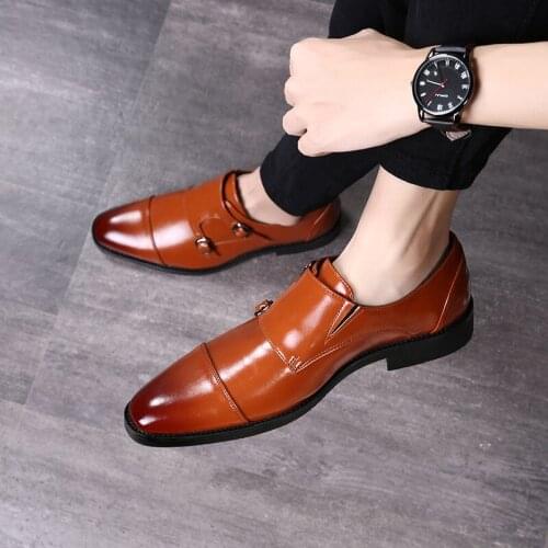 Bright Leather Shoes Men Platform Casual Business Shoes 2021 Fashion Double Buckle Pointed Toe Shoes Man Plus Size Male Footwear