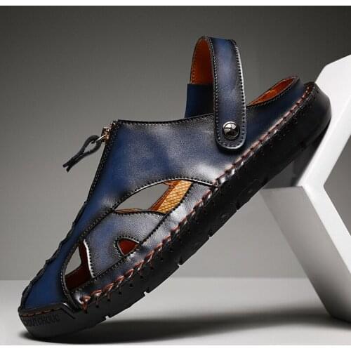 SHENCE Genuine Leather Men Sandals Casual Slippers Comfort Soft Summer Man Hiking Shoe Trail Running Shoe Men Business Sandals