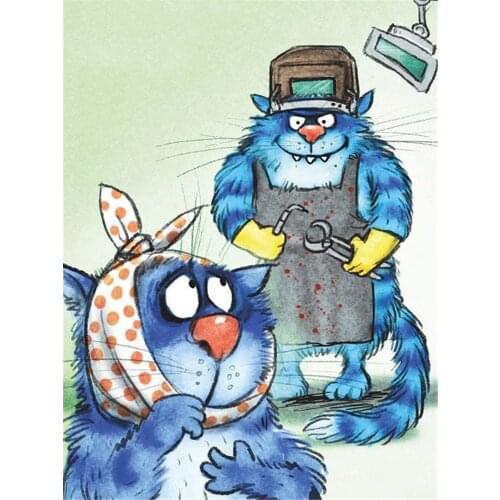 Cartoon Blue White Cat Pre-Printed 11CT Cross-Stitch DIY Embroidery Kit DMC Threads Needlework Craft Handmade Counted