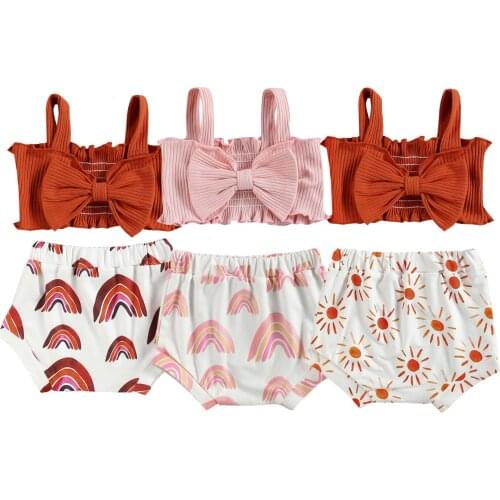 New Baby Girl’s 2Pcs Summer Clothes Set, Solid Color Big Bow Decoration Short Tank Tops with Printed Triangle Shorts