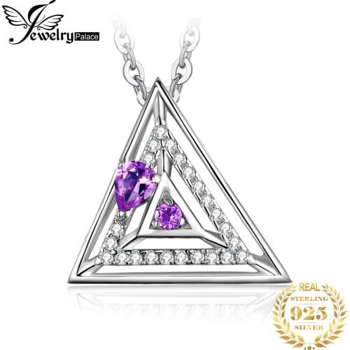 JewelryPalace Natural Purple Amethyst 925 Sterling Silver Pendant Necklace Geometric Triangle Gemstone Pendant Women No Chain