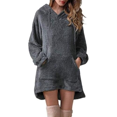 Loose Long Women Hoodies Autumn Winter New Plush Sweatshirts Hooded Pockets Casual Warm Female Hoodies Black Apricot Gray Cloth