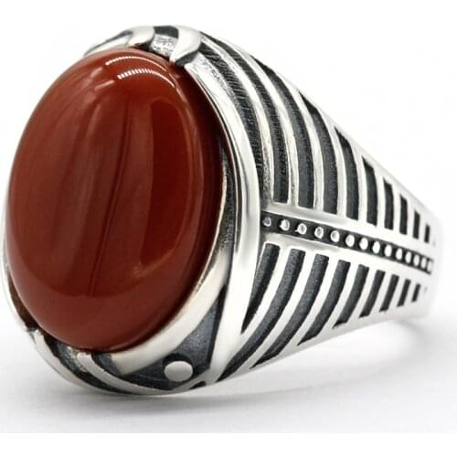 Turkish Jewelry 925 Sterling Silver Men Ring with Natural Red Agate Stone Vintage Simple Stripe Male Rings Birthday Wedding Gift