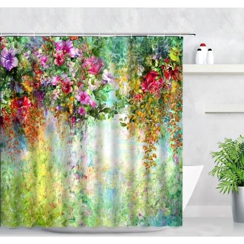 Spring Floral Garden Scenery Shower Curtains Flowers Plant Retro Oil Painting Art Modern Decor Waterproof Bathroom Curtain Set