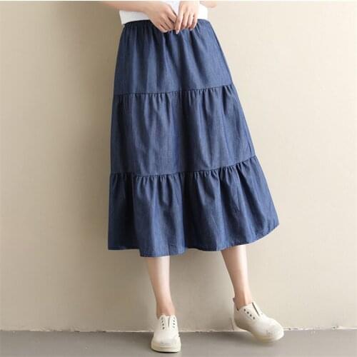2020 Spring Summer vintage Ruffled pleated jeans skirt Womens long Skirt High Waist Denim Skirts plus size skirts 5xl 6xl 7xl