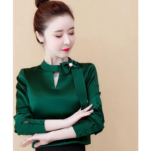 Womens Spring Autumn Style Chiffon Blouse Shirt Womens Elegant Solid Color Long Sleeve Turtleneck Bow Korean Tops DD8451