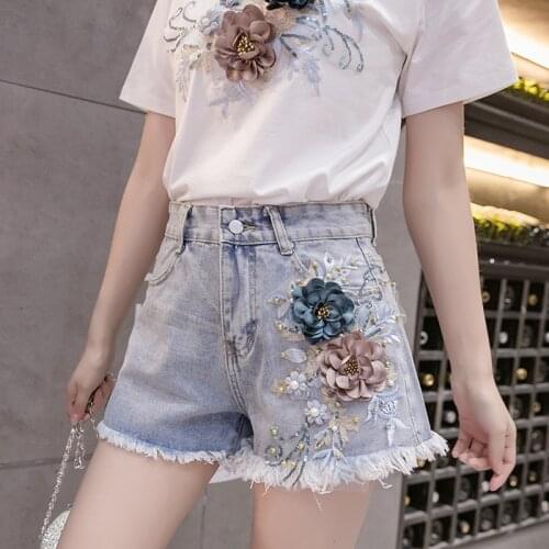 Promotion Embroidered Flower High Waist Denim Shorts Female Shorts 2020 Spring Summer Three-dimensional Flowers Fashion Shorts