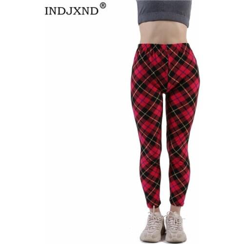 INDJXND Women Leggings High Waist Fitness Plaid Print Push Up Ladies Workout Pants Female Mujer Polyester Casual Knitted Bottom