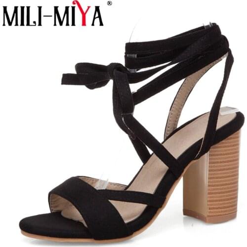 MILI-MIYA Summer Women Sandals Flock Lace Up Ankle Strap Gladiator Cross Tied Open Top Square Heel Sexy Sandals Shoes Large Size