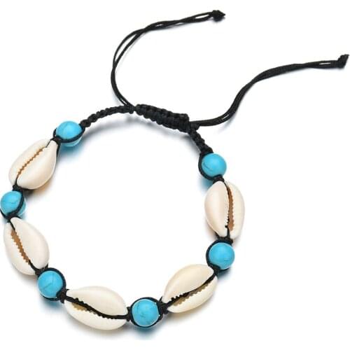 Bohemian Ankle Bracelet Jewelry Natural Cowrie Shells Handwoven Macrame Friendship Bracelet Blue Stone Bead chaine de cheville