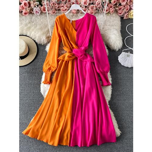 Vintage V-Neck Red/Yellow Patchwork Long Dress Women Lantern Long Sleeve Vacation Beach Robe Female Fashion Vestidos Spring 2021