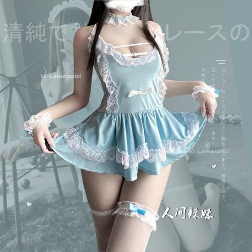 Women Sexy Lingerie Kawaii Maid Uniform Cosplay French Servant Lolita Nightdress Blue Costumes Bow-knot Dress Erotic Role Play