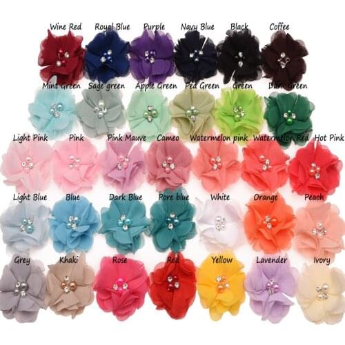 10PCS Chiffon Pearl Flower hand sewing Boutique Pearl and Rhinestone Cluster 6cm Hair Flower 33 Color Hair Accessory No Clip