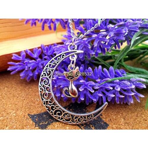 12pcs/lot Women Fashion Harajuku necklace, Crescent Moon necklace with cat charms