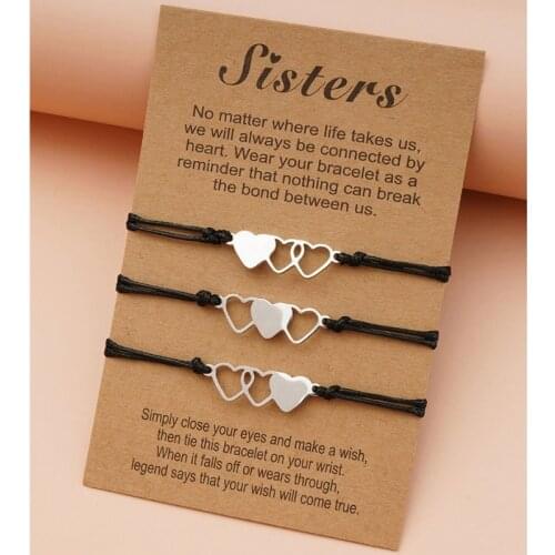 3 Pcs Matching Heart Sister Card Bracelet Stainless Steel Handmade Braided Charm Bracelet Friendship Jewelry Gifts for