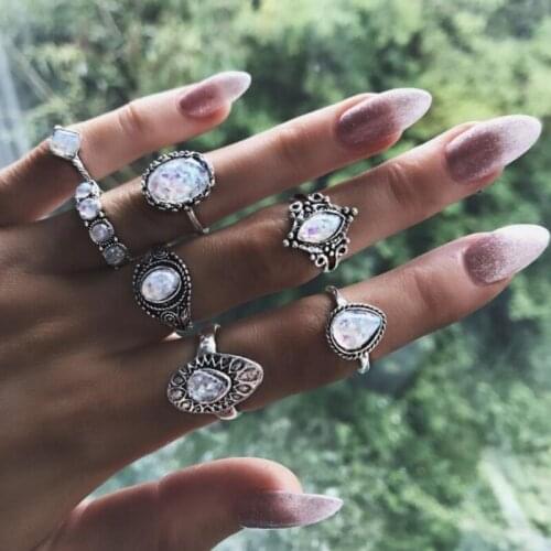 7 Pcs/Set Women Fashion Retro Water Drop Round Geometry Opal Crystal Silver Color Joint Ring Set Party Wedding Jewelry Gift